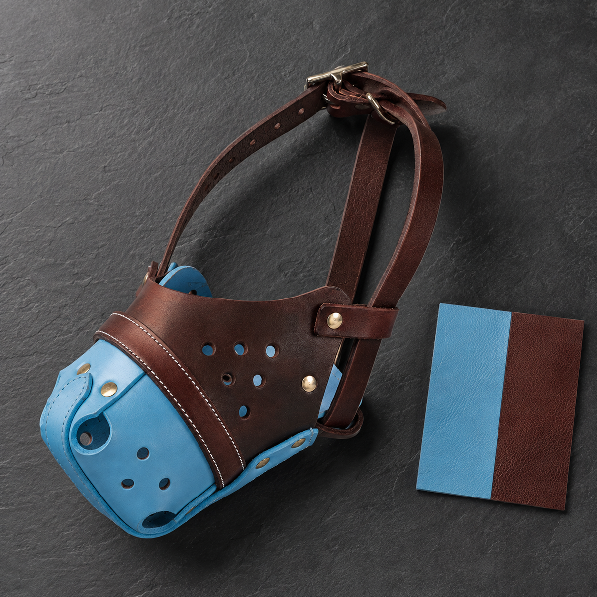 The K9 Store Handcrafted Brown & Sky Blue Dual Leather Dog Muzzle | Full-Grain | Ventilated | Brass Rivets | Adjustable Strap | L & XL | 6 Month Warranty | The K9 Store