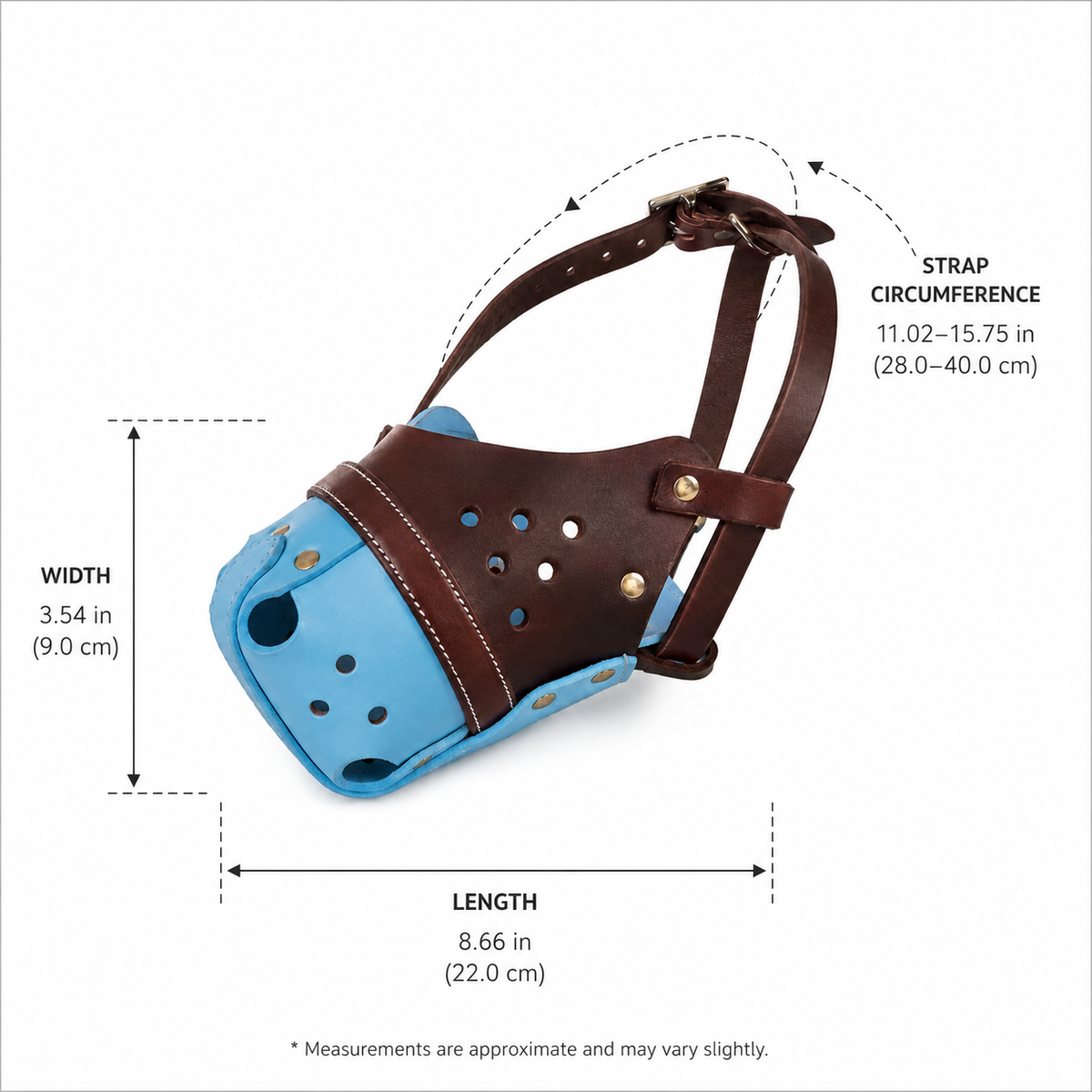The K9 Store Handcrafted Brown & Sky Blue Dual Leather Dog Muzzle | Full-Grain | Ventilated | Brass Rivets | Adjustable Strap | L & XL | 6 Month Warranty | The K9 Store