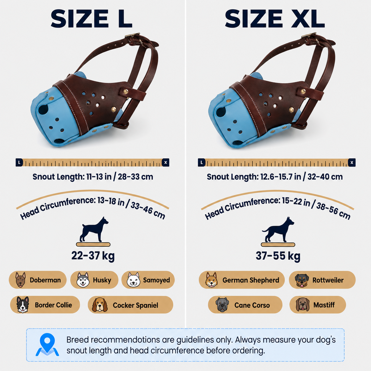 The K9 Store Handcrafted Brown & Sky Blue Dual Leather Dog Muzzle | Full-Grain | Ventilated | Brass Rivets | Adjustable Strap | L & XL | 6 Month Warranty | The K9 Store