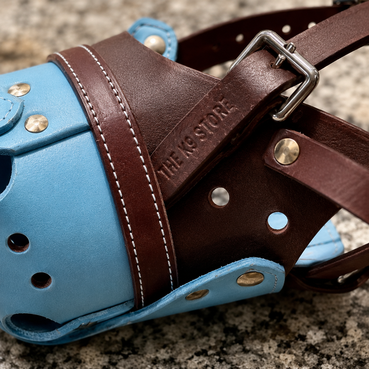 The K9 Store Handcrafted Brown & Sky Blue Dual Leather Dog Muzzle | Full-Grain | Ventilated | Brass Rivets | Adjustable Strap | L & XL | 6 Month Warranty | The K9 Store