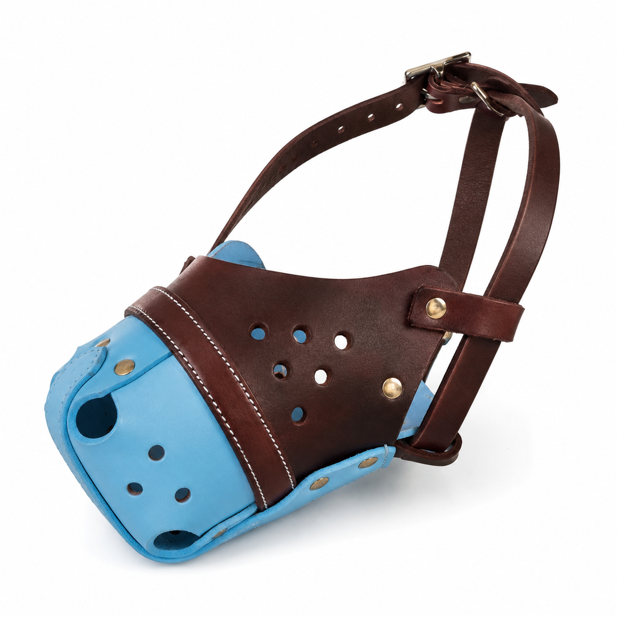 The K9 Store Handcrafted Brown & Sky Blue Dual Leather Dog Muzzle | Full-Grain | Ventilated | Brass Rivets | Adjustable Strap | L & XL | 6 Month Warranty | The K9 Store