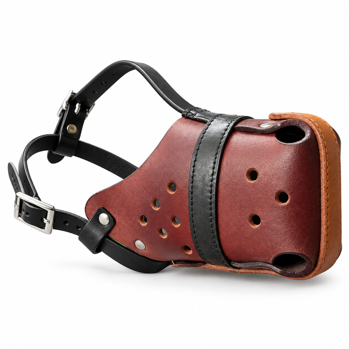 The K9 Store Chocolate & Black Dual Leather Dog Muzzle | Ventilated | Front Opening | Breathable Basket | Adjustable Strap | L & XL | 6 Month Warranty | The K9 Store