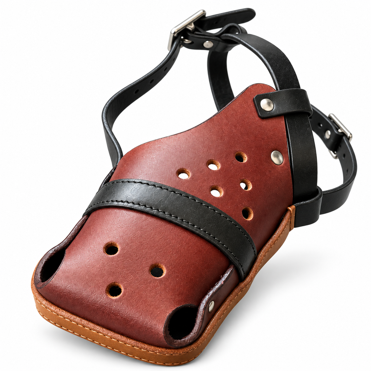 The K9 Store Chocolate & Black Dual Leather Dog Muzzle | Ventilated | Front Opening | Breathable Basket | Adjustable Strap | L & XL | 6 Month Warranty | The K9 Store