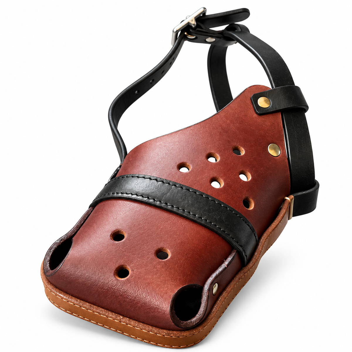 The K9 Store Chocolate & Black Dual Leather Dog Muzzle | Ventilated | Front Opening | Breathable Basket | Adjustable Strap | L & XL | 6 Month Warranty | The K9 Store