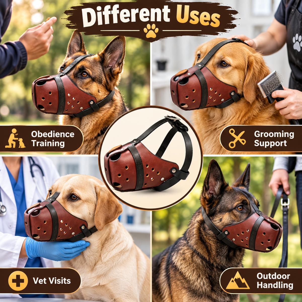 The K9 Store Chocolate & Black Dual Leather Dog Muzzle | Ventilated | Front Opening | Breathable Basket | Adjustable Strap | L & XL | 6 Month Warranty | The K9 Store