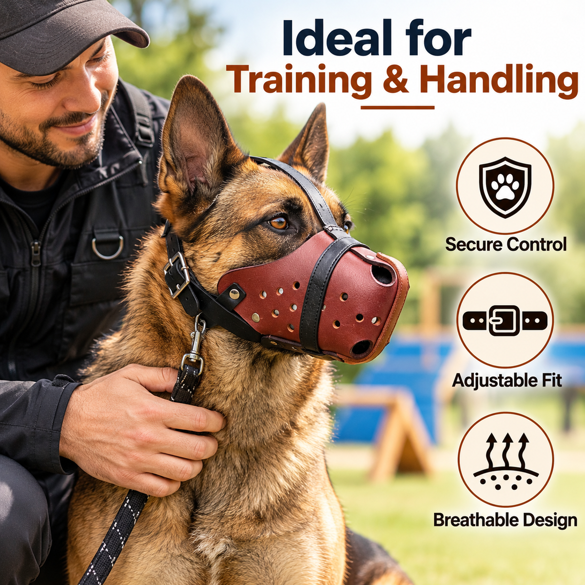 The K9 Store Chocolate & Black Dual Leather Dog Muzzle | Ventilated | Front Opening | Breathable Basket | Adjustable Strap | L & XL | 6 Month Warranty | The K9 Store