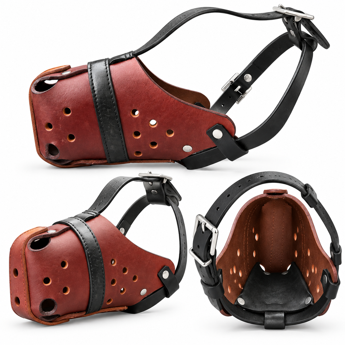 The K9 Store Chocolate & Black Dual Leather Dog Muzzle | Ventilated | Front Opening | Breathable Basket | Adjustable Strap | L & XL | 6 Month Warranty | The K9 Store