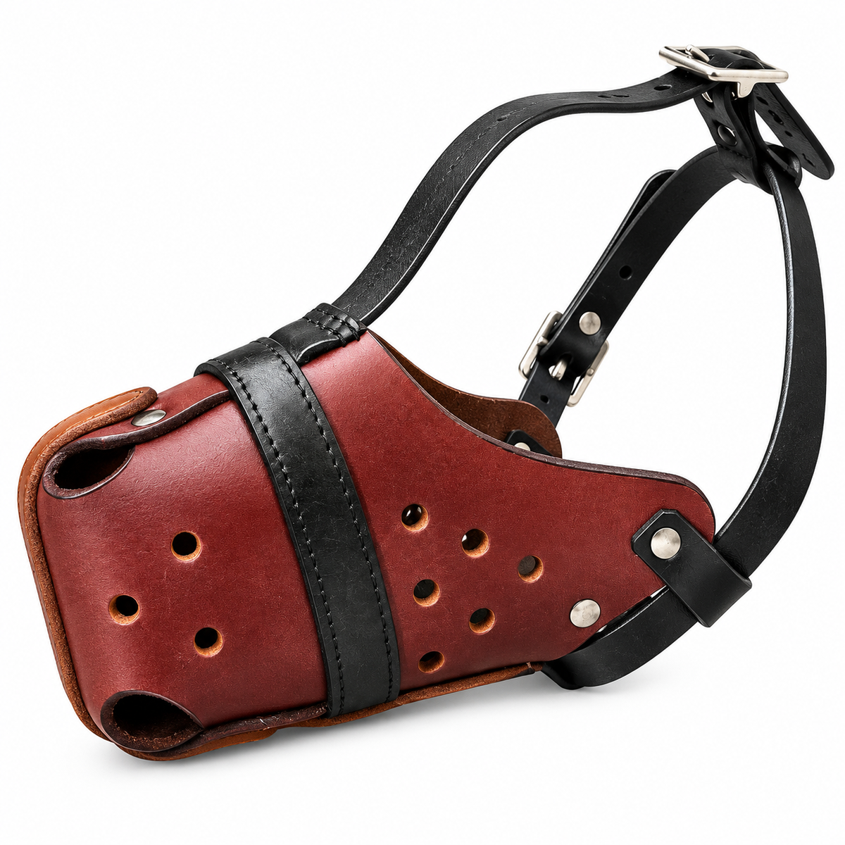 The K9 Store Chocolate & Black Dual Leather Dog Muzzle | Ventilated | Front Opening | Breathable Basket | Adjustable Strap | L & XL | 6 Month Warranty | The K9 Store