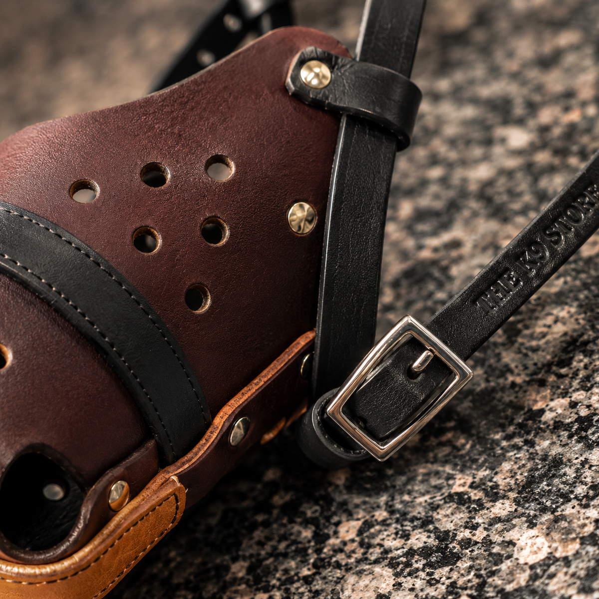 The K9 Store Chocolate & Black Dual Leather Dog Muzzle | Ventilated | Front Opening | Breathable Basket | Adjustable Strap | L & XL | 6 Month Warranty | The K9 Store