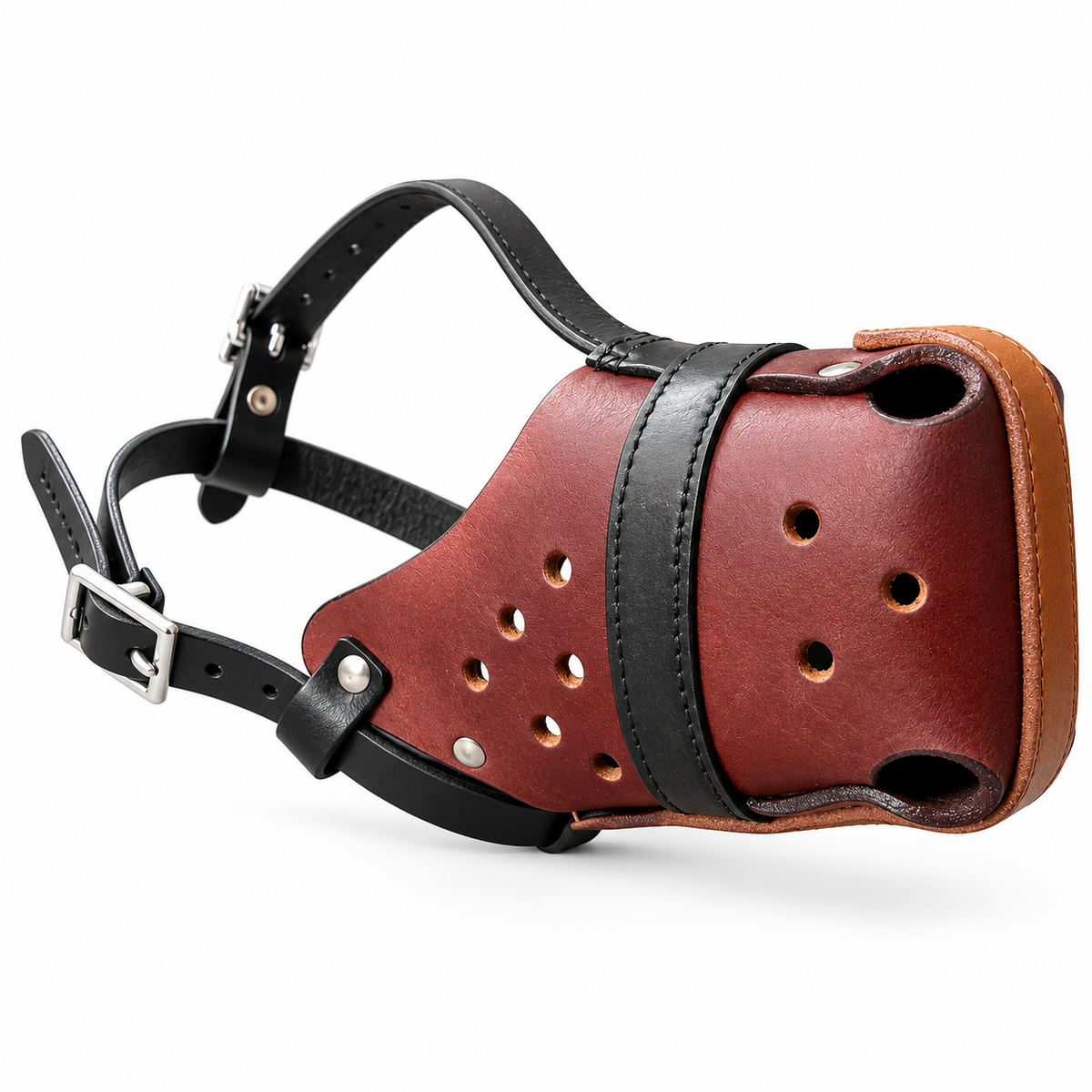 The K9 Store Chocolate & Black Dual Leather Dog Muzzle | Ventilated | Front Opening | Breathable Basket | Adjustable Strap | L & XL | 6 Month Warranty | The K9 Store