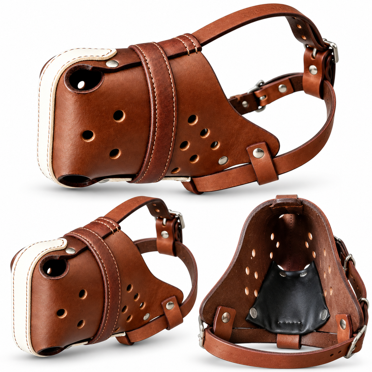 The K9 Store Chocolate & White Dual Leather Dog Muzzle | Breathable Vent Holes | Comfort Interior | Adjustable Buckle | L & XL | 6 Month Warranty | The K9 Store