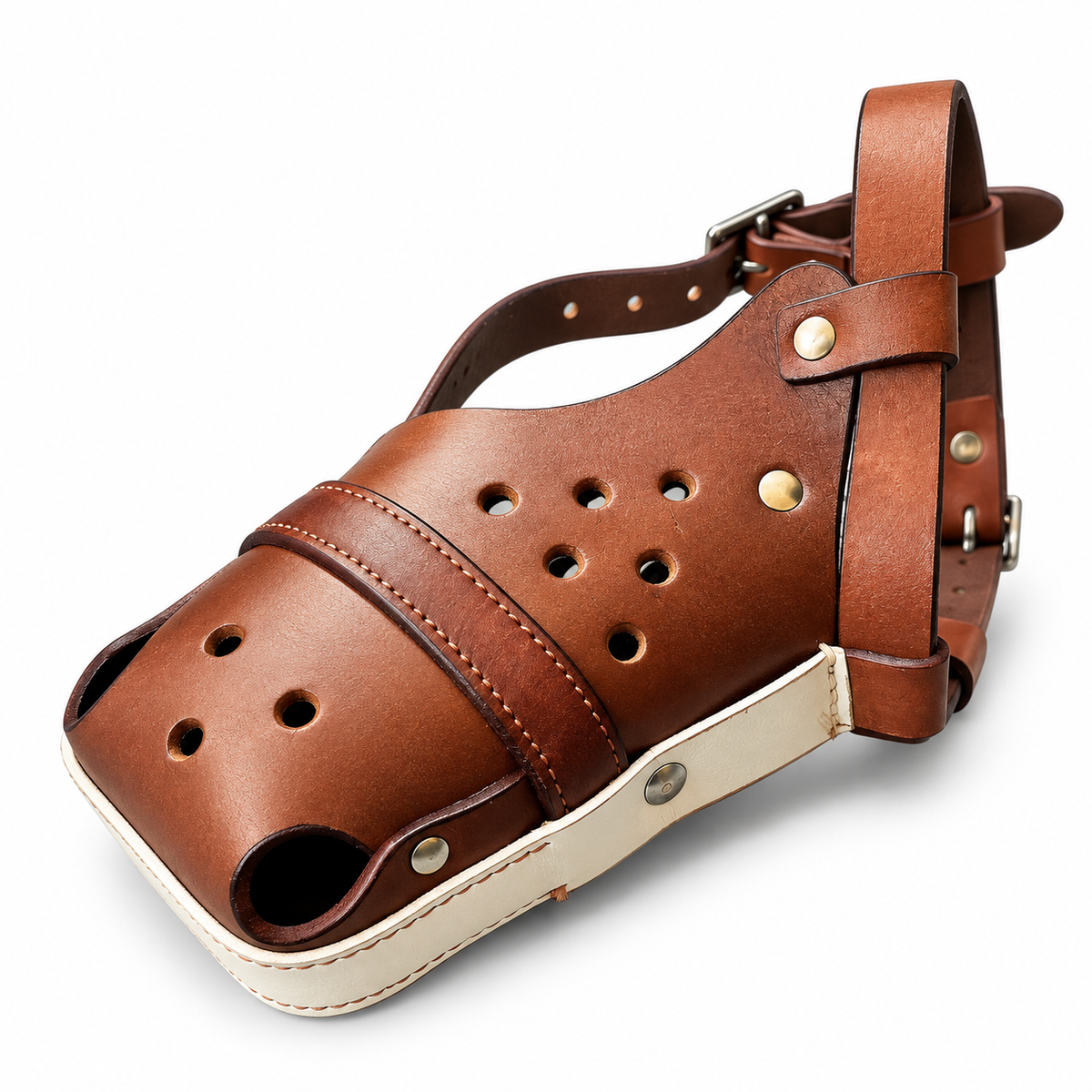 The K9 Store Chocolate & White Dual Leather Dog Muzzle | Breathable Vent Holes | Comfort Interior | Adjustable Buckle | L & XL | 6 Month Warranty | The K9 Store