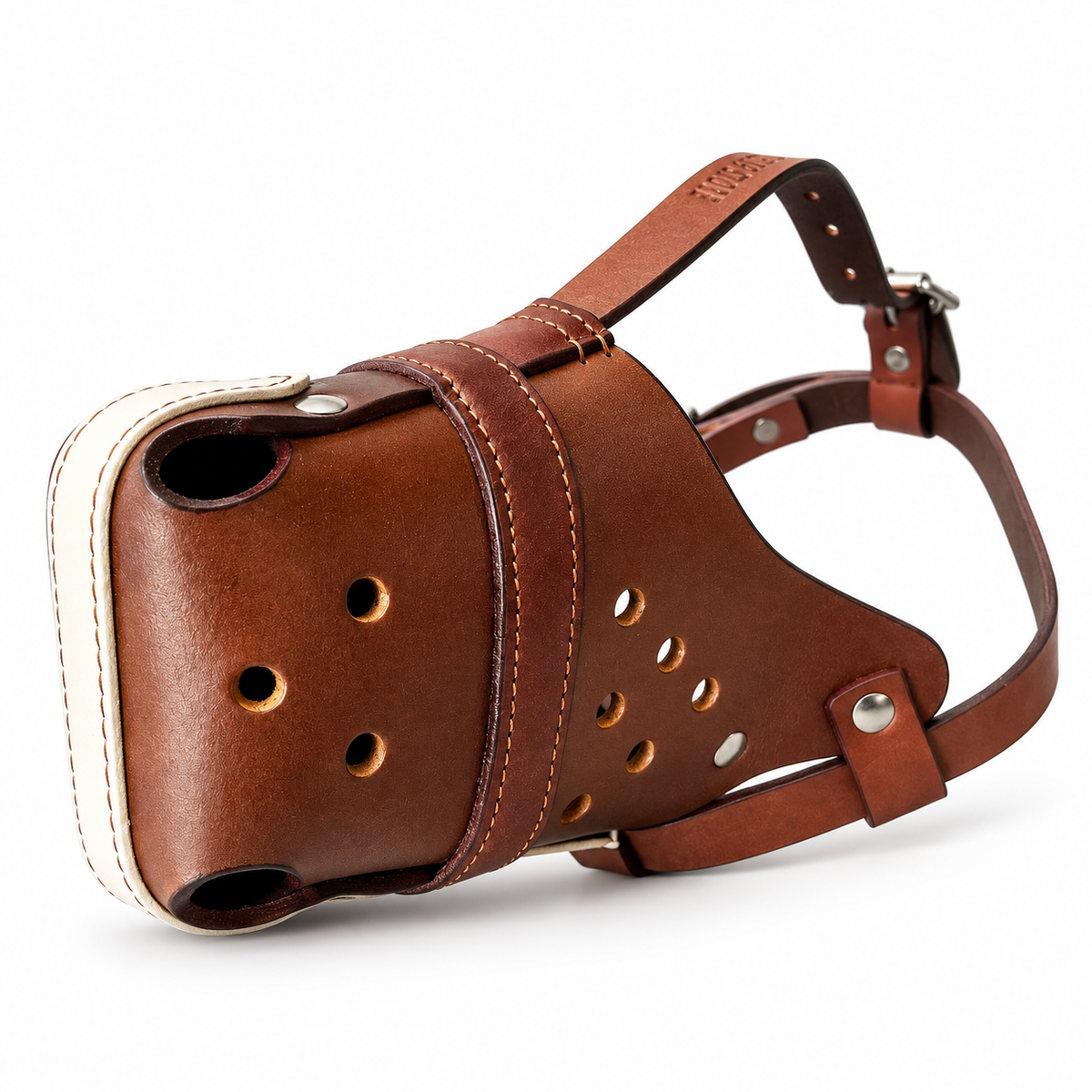 The K9 Store Chocolate & White Dual Leather Dog Muzzle | Breathable Vent Holes | Comfort Interior | Adjustable Buckle | L & XL | 6 Month Warranty | The K9 Store