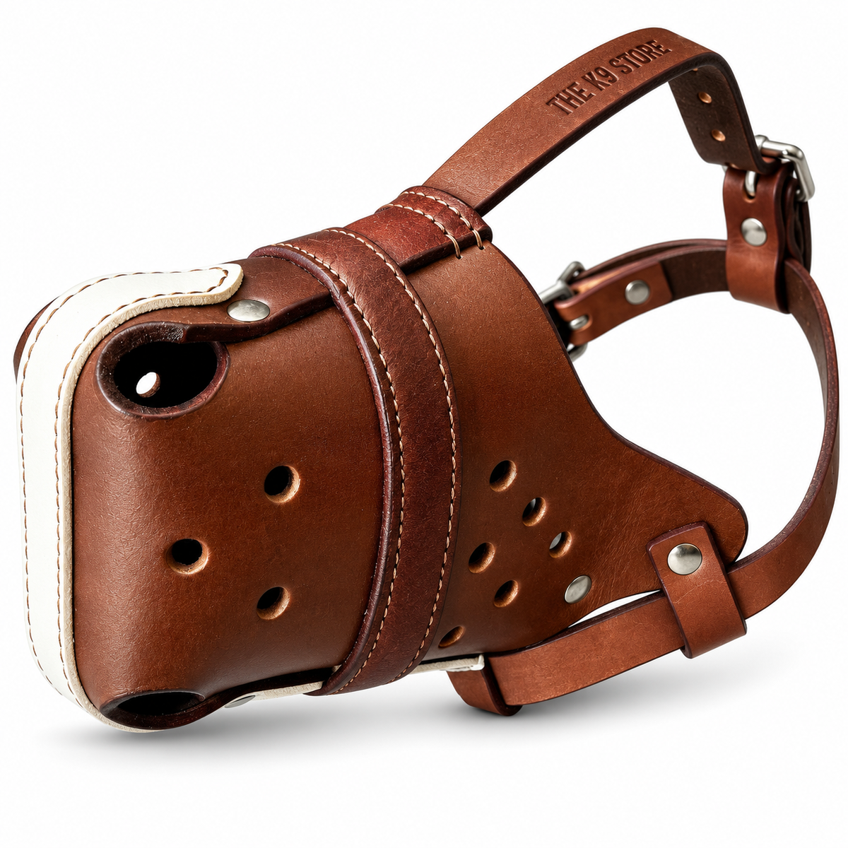 The K9 Store Chocolate & White Dual Leather Dog Muzzle | Breathable Vent Holes | Comfort Interior | Adjustable Buckle | L & XL | 6 Month Warranty | The K9 Store