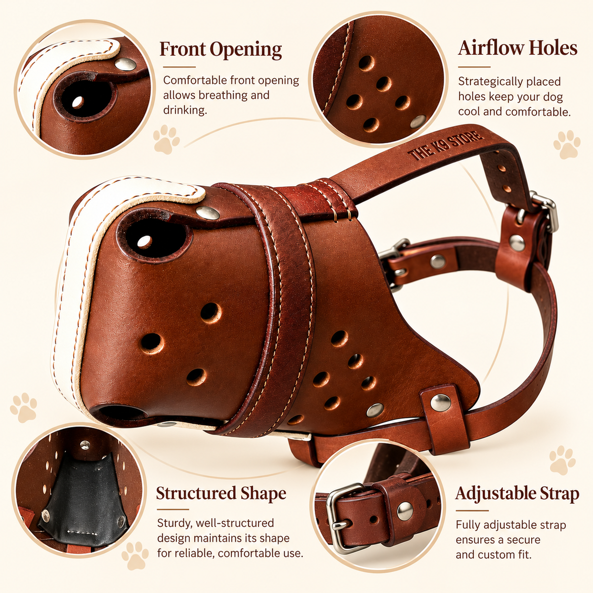 The K9 Store Chocolate & White Dual Leather Dog Muzzle | Breathable Vent Holes | Comfort Interior | Adjustable Buckle | L & XL | 6 Month Warranty | The K9 Store