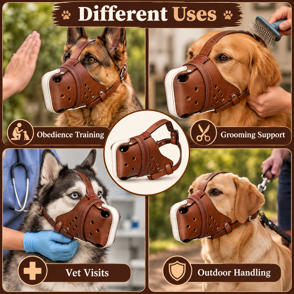 The K9 Store Chocolate & White Dual Leather Dog Muzzle | Breathable Vent Holes | Comfort Interior | Adjustable Buckle | L & XL | 6 Month Warranty | The K9 Store