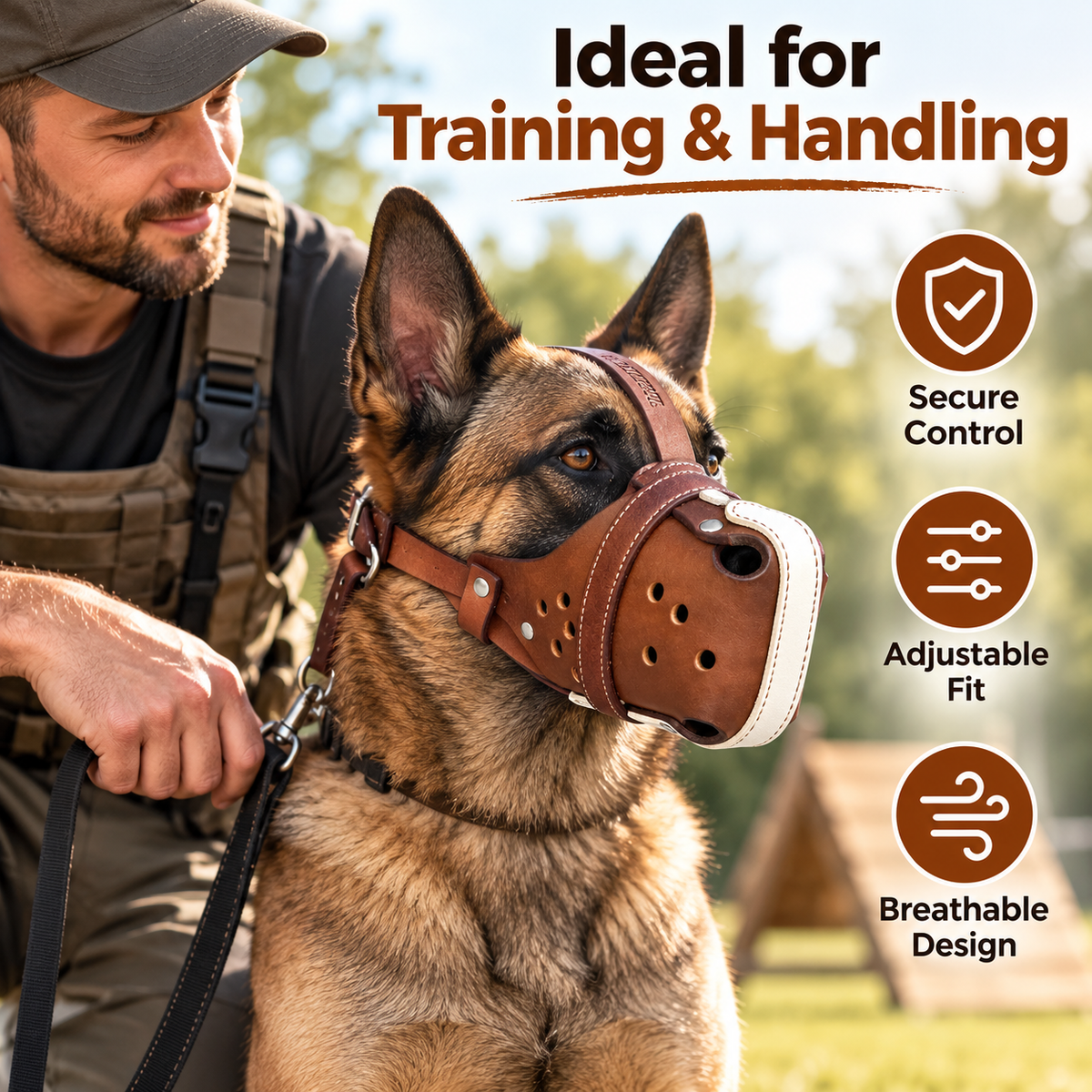 The K9 Store Chocolate & White Dual Leather Dog Muzzle | Breathable Vent Holes | Comfort Interior | Adjustable Buckle | L & XL | 6 Month Warranty | The K9 Store