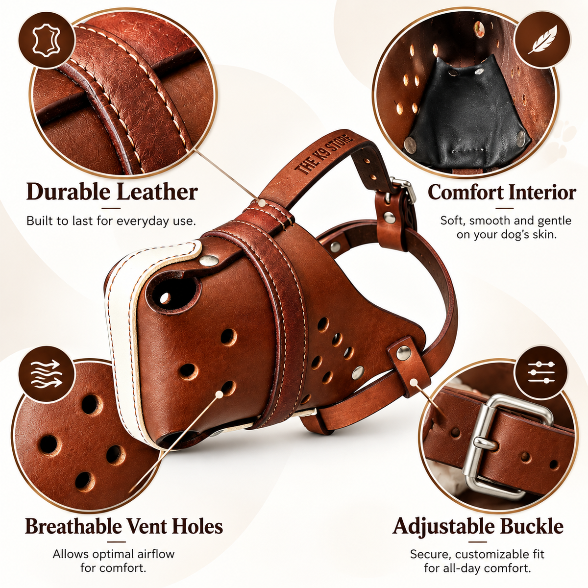 The K9 Store Chocolate & White Dual Leather Dog Muzzle | Breathable Vent Holes | Comfort Interior | Adjustable Buckle | L & XL | 6 Month Warranty | The K9 Store