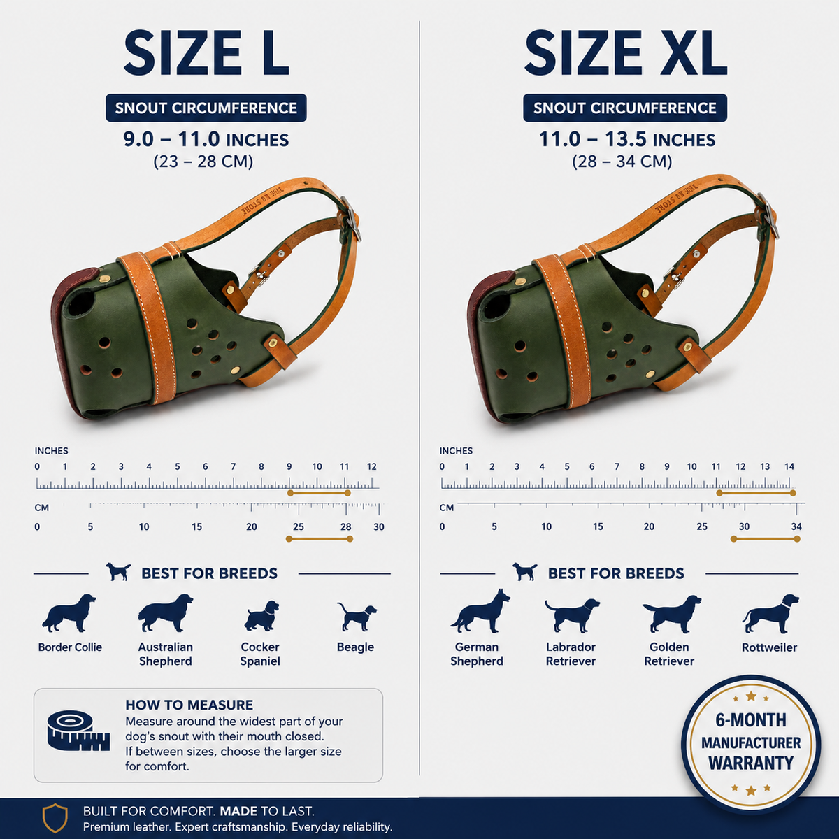 The K9 Store Handcrafted Forest Green & Tan Dual Leather Dog Muzzle | Full-Grain | Ventilated | Brass Rivets | Burgundy Lining | L & XL | 6 Month Warranty | The K9 Store