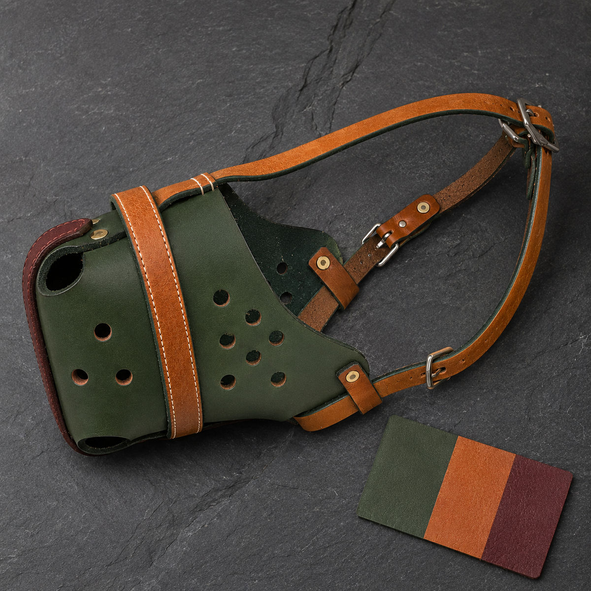 The K9 Store Handcrafted Forest Green & Tan Dual Leather Dog Muzzle | Full-Grain | Ventilated | Brass Rivets | Burgundy Lining | L & XL | 6 Month Warranty | The K9 Store