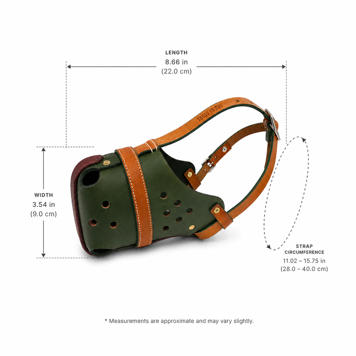 The K9 Store Handcrafted Forest Green & Tan Dual Leather Dog Muzzle | Full-Grain | Ventilated | Brass Rivets | Burgundy Lining | L & XL | 6 Month Warranty | The K9 Store