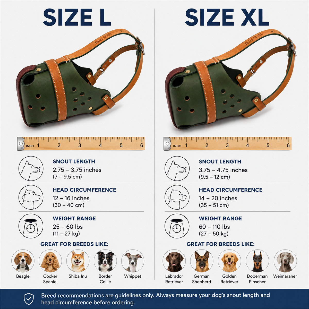The K9 Store Handcrafted Forest Green & Tan Dual Leather Dog Muzzle | Full-Grain | Ventilated | Brass Rivets | Burgundy Lining | L & XL | 6 Month Warranty | The K9 Store