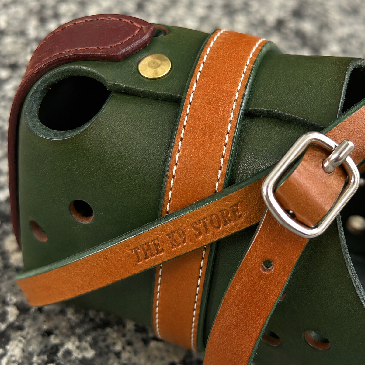 The K9 Store Handcrafted Forest Green & Tan Dual Leather Dog Muzzle | Full-Grain | Ventilated | Brass Rivets | Burgundy Lining | L & XL | 6 Month Warranty | The K9 Store