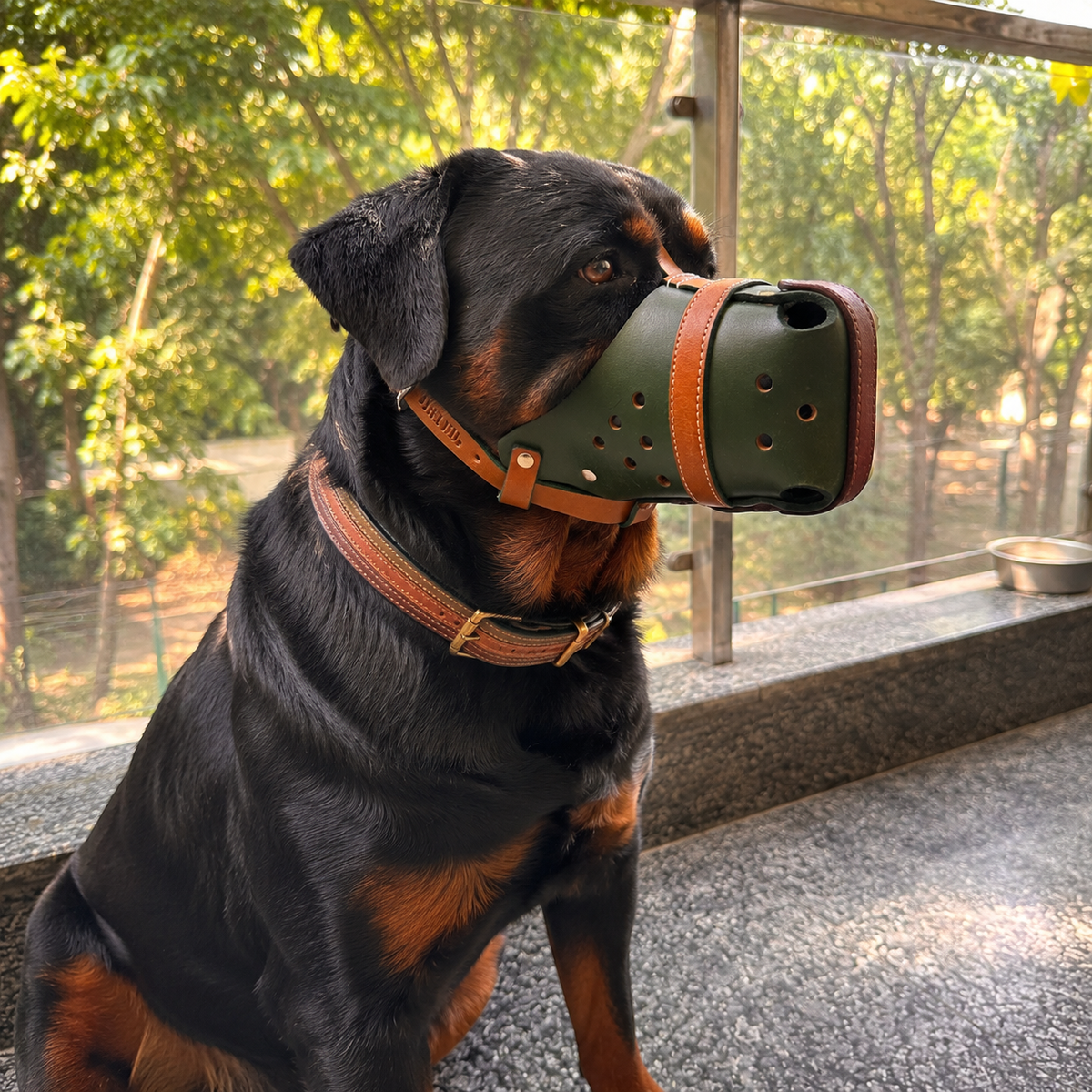 The K9 Store Handcrafted Forest Green & Tan Dual Leather Dog Muzzle | Full-Grain | Ventilated | Brass Rivets | Burgundy Lining | L & XL | 6 Month Warranty | The K9 Store