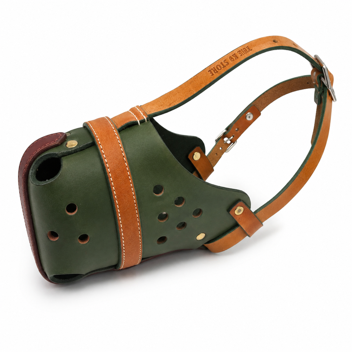 The K9 Store Handcrafted Forest Green & Tan Dual Leather Dog Muzzle | Full-Grain | Ventilated | Brass Rivets | Burgundy Lining | L & XL | 6 Month Warranty | The K9 Store