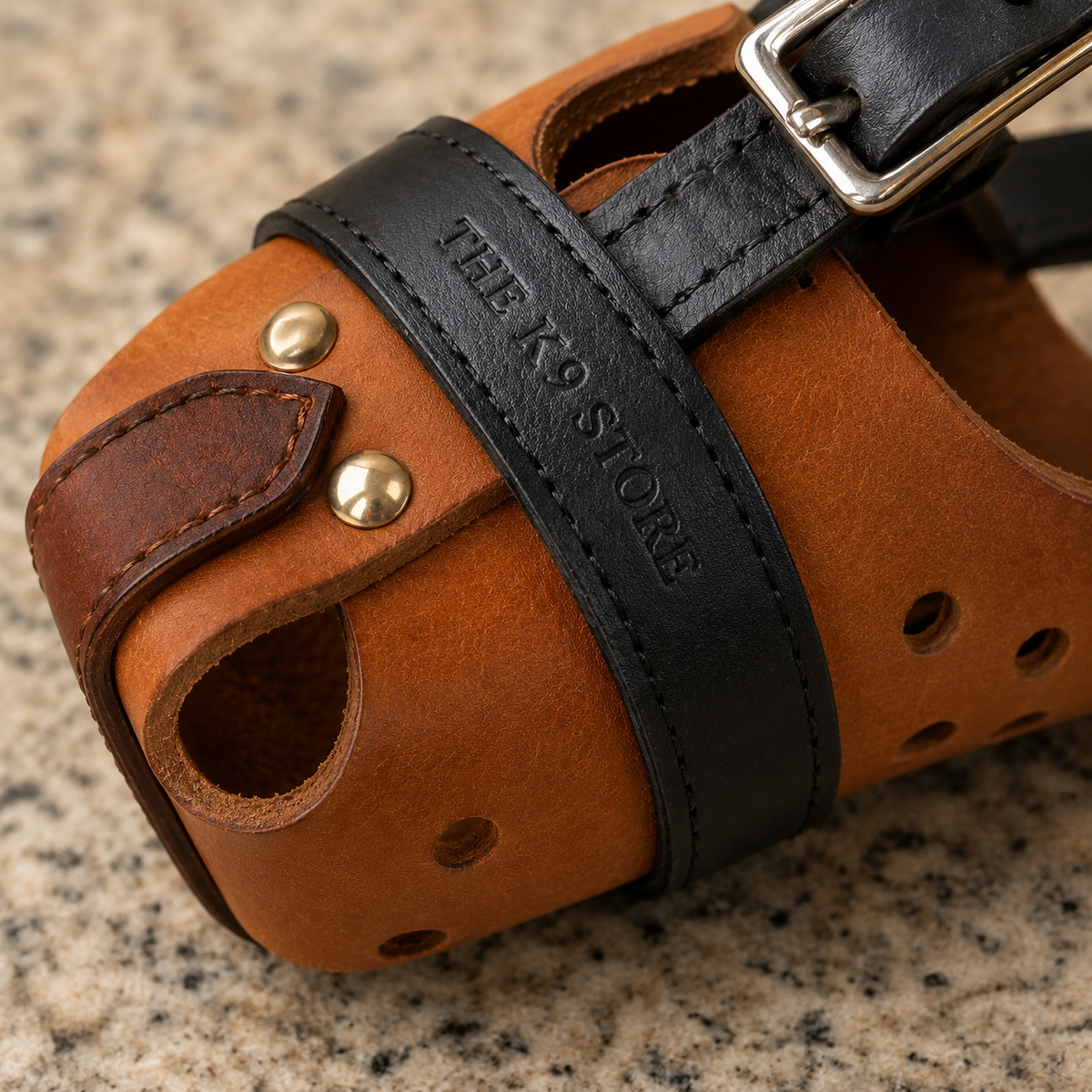 The K9 Store Handcrafted Tan & Black Wide Basket Leather Dog Muzzle | Full-Grain | Ventilated | Brass Rivets | Adjustable Straps | L & XL | 6 Month Warranty | The K9 Store