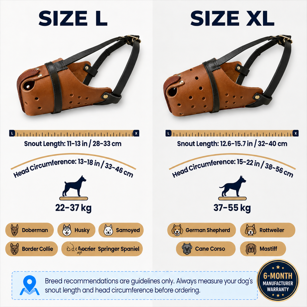 The K9 Store Handcrafted Tan & Black Wide Basket Leather Dog Muzzle | Full-Grain | Ventilated | Brass Rivets | Adjustable Straps | L & XL | 6 Month Warranty | The K9 Store