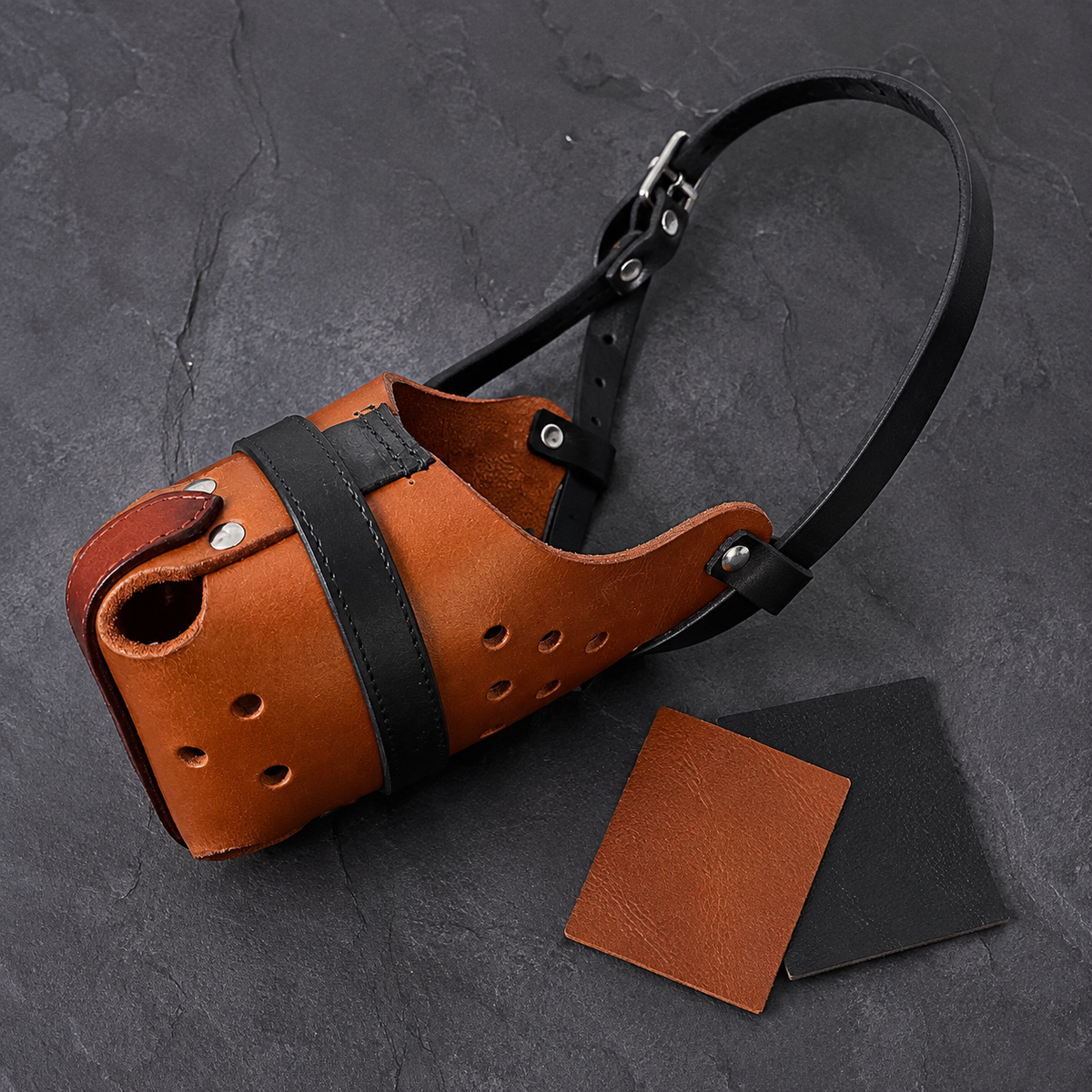 The K9 Store Handcrafted Tan & Black Wide Basket Leather Dog Muzzle | Full-Grain | Ventilated | Brass Rivets | Adjustable Straps | L & XL | 6 Month Warranty | The K9 Store