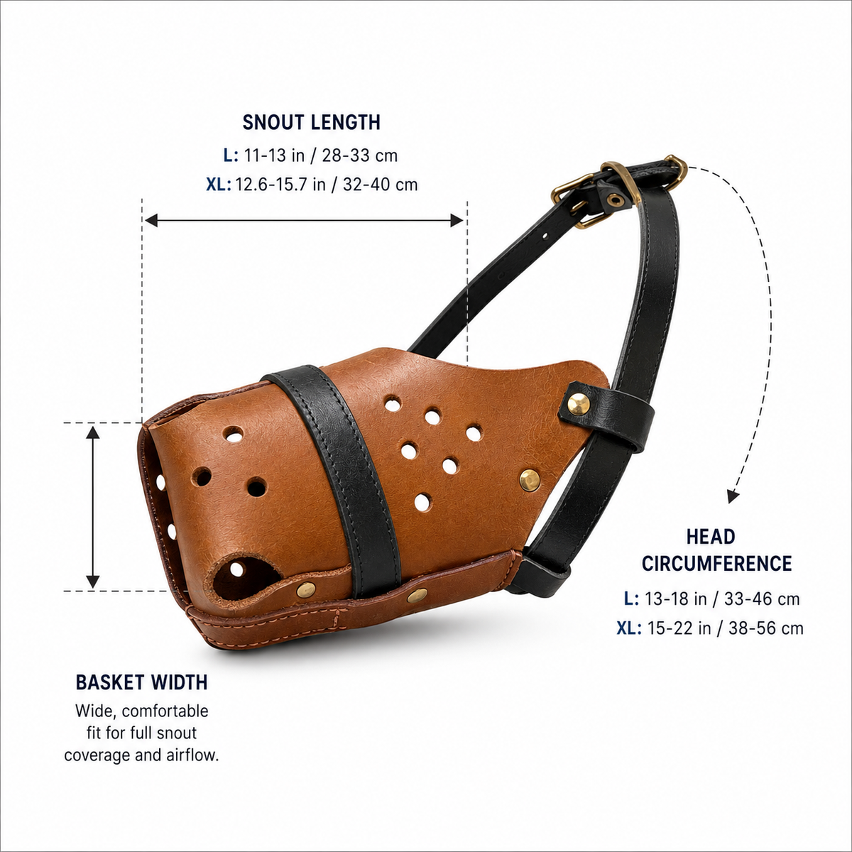 The K9 Store Handcrafted Tan & Black Wide Basket Leather Dog Muzzle | Full-Grain | Ventilated | Brass Rivets | Adjustable Straps | L & XL | 6 Month Warranty | The K9 Store