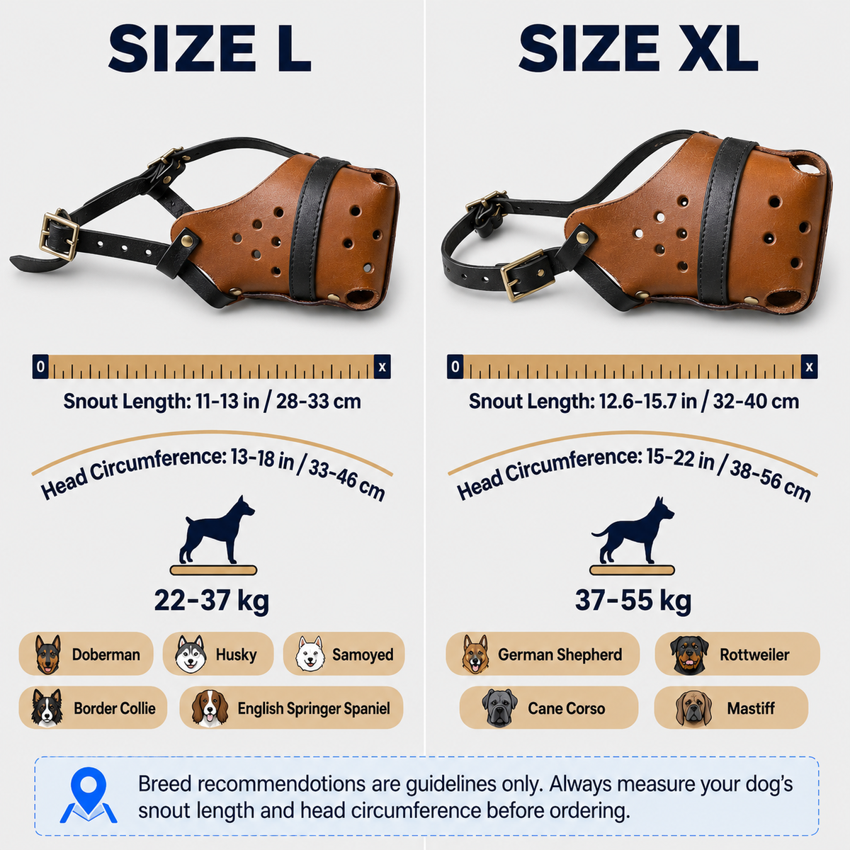 The K9 Store Handcrafted Tan & Black Wide Basket Leather Dog Muzzle | Full-Grain | Ventilated | Brass Rivets | Adjustable Straps | L & XL | 6 Month Warranty | The K9 Store