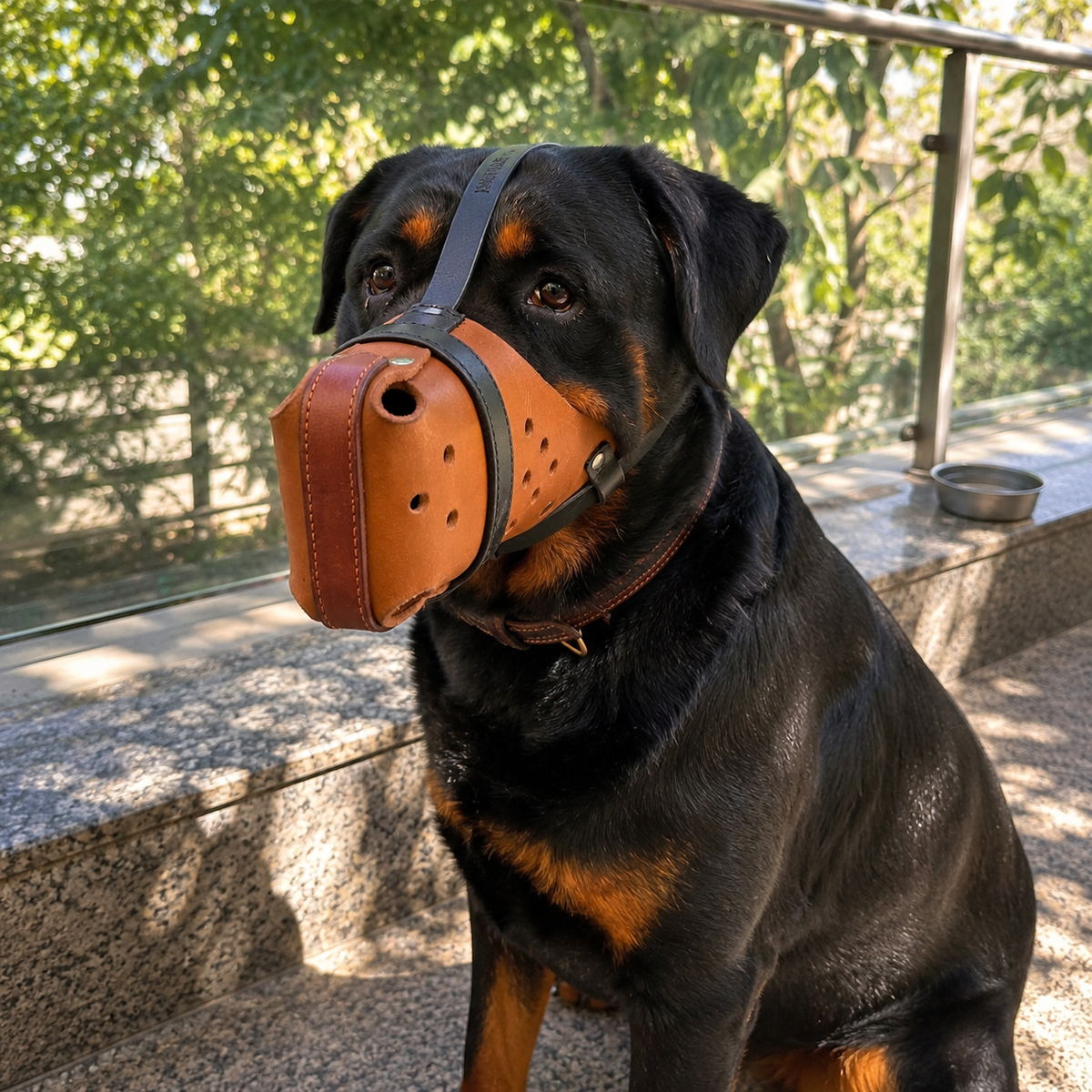 The K9 Store Handcrafted Tan & Black Wide Basket Leather Dog Muzzle | Full-Grain | Ventilated | Brass Rivets | Adjustable Straps | L & XL | 6 Month Warranty | The K9 Store