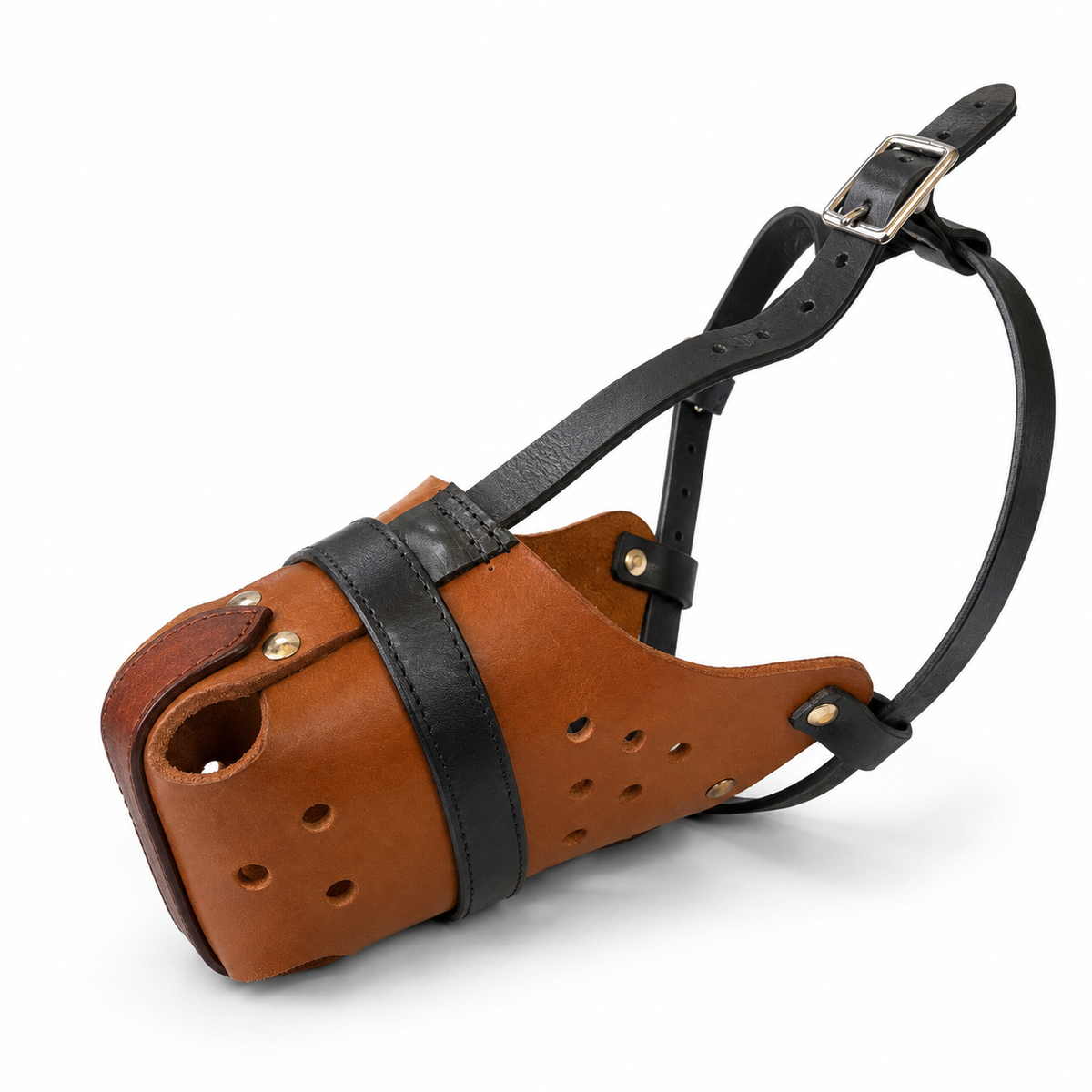 The K9 Store Handcrafted Tan & Black Wide Basket Leather Dog Muzzle | Full-Grain | Ventilated | Brass Rivets | Adjustable Straps | L & XL | 6 Month Warranty | The K9 Store