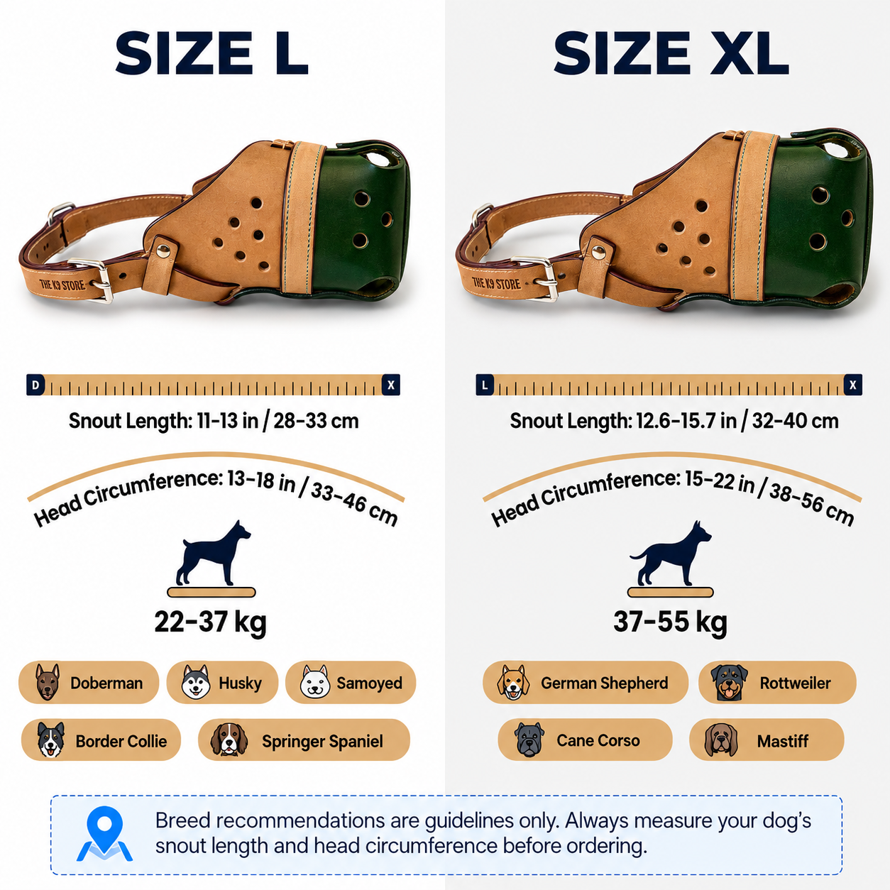 The K9 Store Handcrafted Dual Leather Dog Muzzle | Full-Grain Tan & Green | Ventilated | Soft Inner Lining | Adjustable | M, L & XL | 6 Month Warranty | The K9 Store