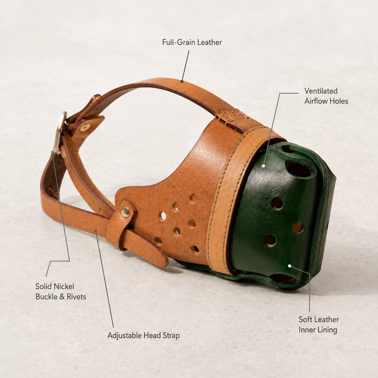 The K9 Store Handcrafted Dual Leather Dog Muzzle | Full-Grain Tan & Green | Ventilated | Soft Inner Lining | Adjustable | M, L & XL | 6 Month Warranty | The K9 Store