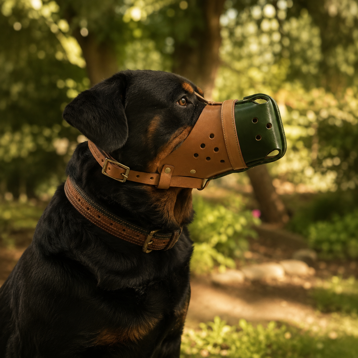 The K9 Store Handcrafted Dual Leather Dog Muzzle | Full-Grain Tan & Green | Ventilated | Soft Inner Lining | Adjustable | M, L & XL | 6 Month Warranty | The K9 Store