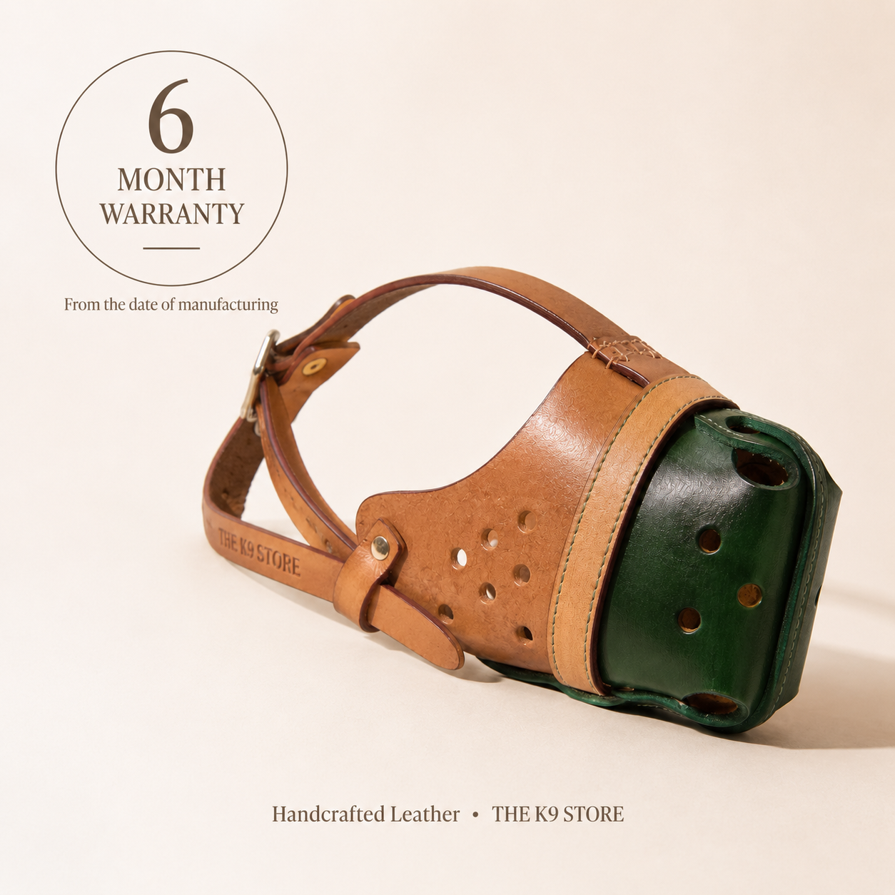 The K9 Store Handcrafted Dual Leather Dog Muzzle | Full-Grain Tan & Green | Ventilated | Soft Inner Lining | Adjustable | M, L & XL | 6 Month Warranty | The K9 Store