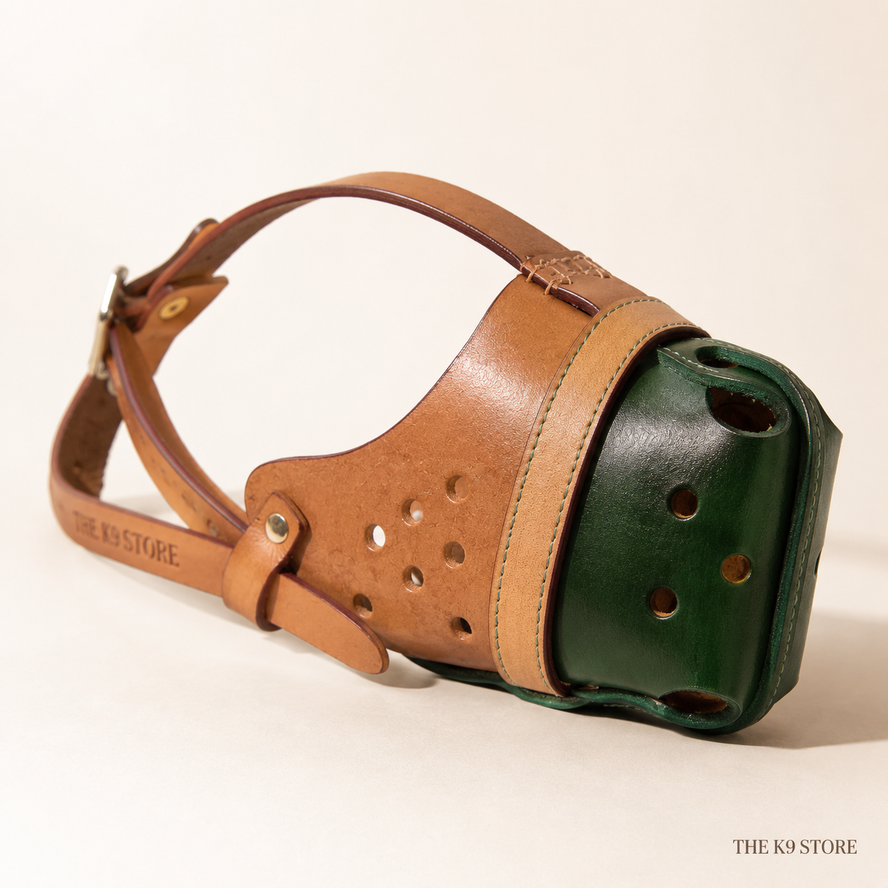 The K9 Store Handcrafted Dual Leather Dog Muzzle | Full-Grain Tan & Green | Ventilated | Soft Inner Lining | Adjustable | M, L & XL | 6 Month Warranty | The K9 Store