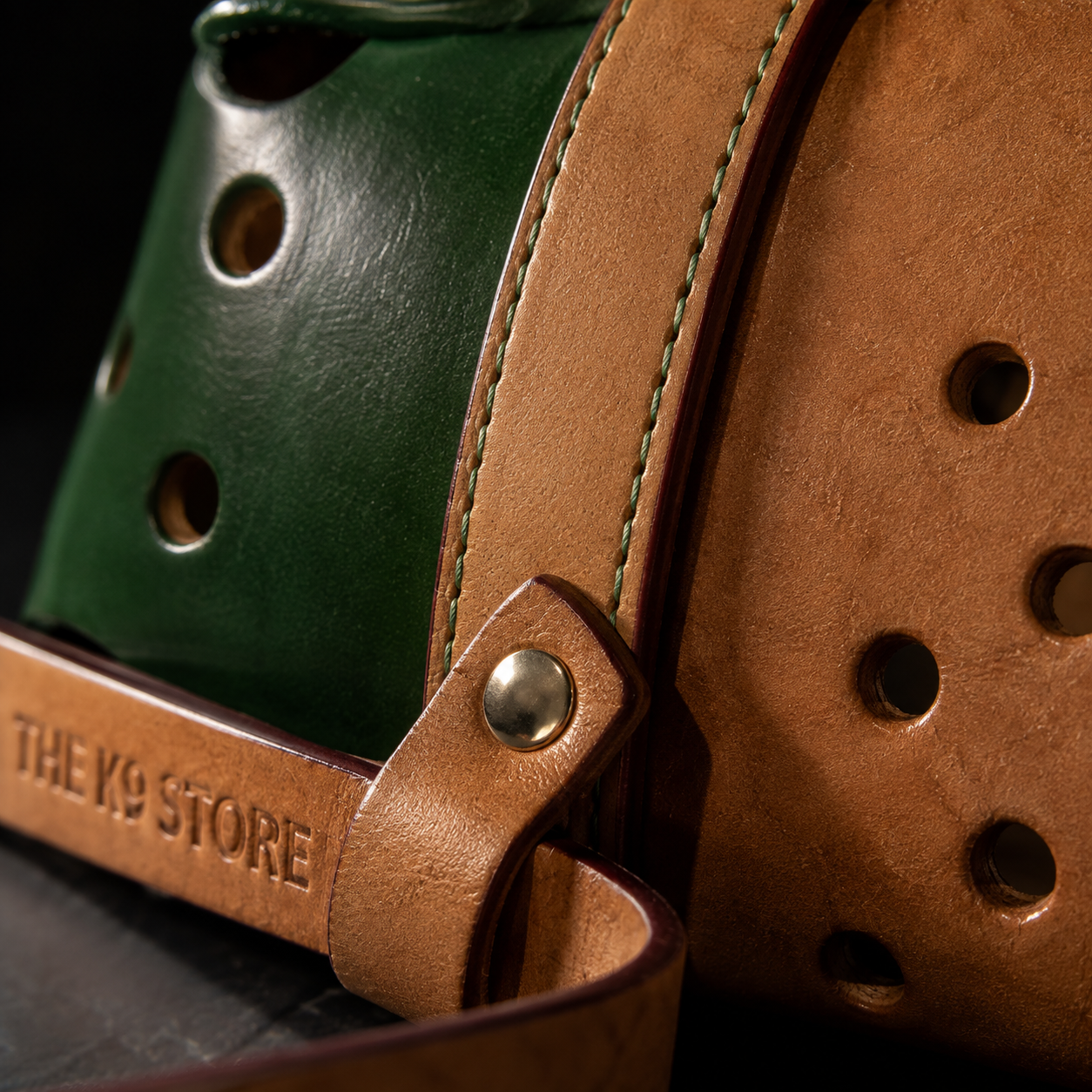 The K9 Store Handcrafted Dual Leather Dog Muzzle | Full-Grain Tan & Green | Ventilated | Soft Inner Lining | Adjustable | M, L & XL | 6 Month Warranty | The K9 Store