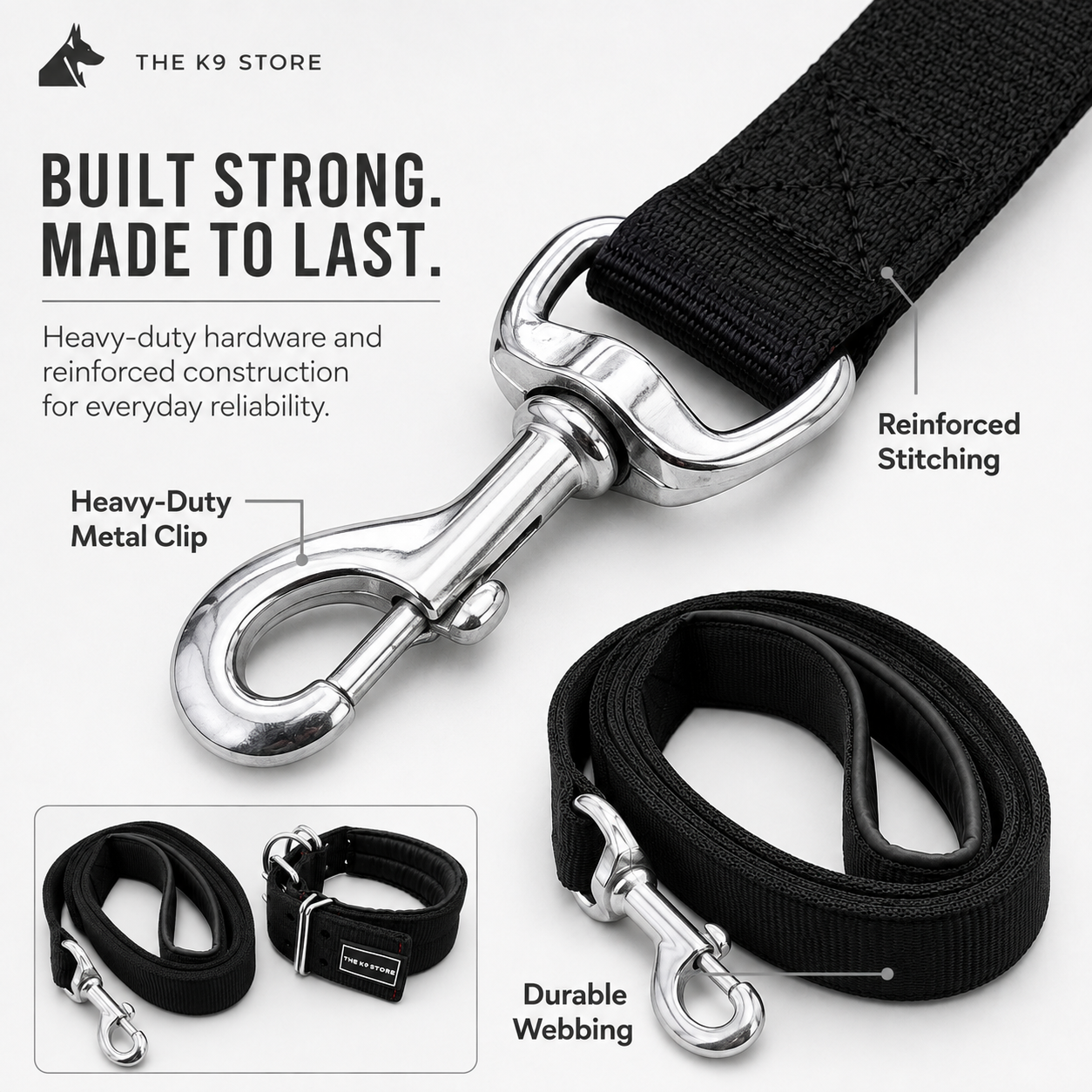 Heavy Duty Dog Collar & Leash Combo Set | Padded Double D-Ring Collar | Cushioned Handle Leash | Black