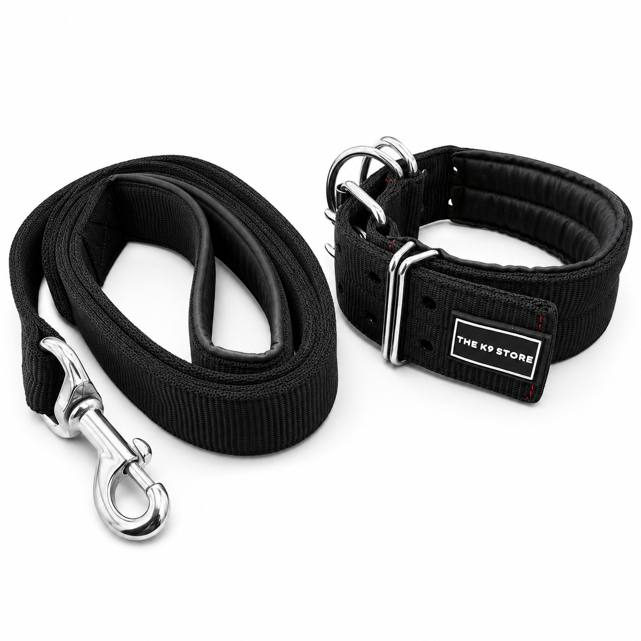 Heavy Duty Dog Collar & Leash Combo Set | Padded Double D-Ring Collar | Cushioned Handle Leash | Black