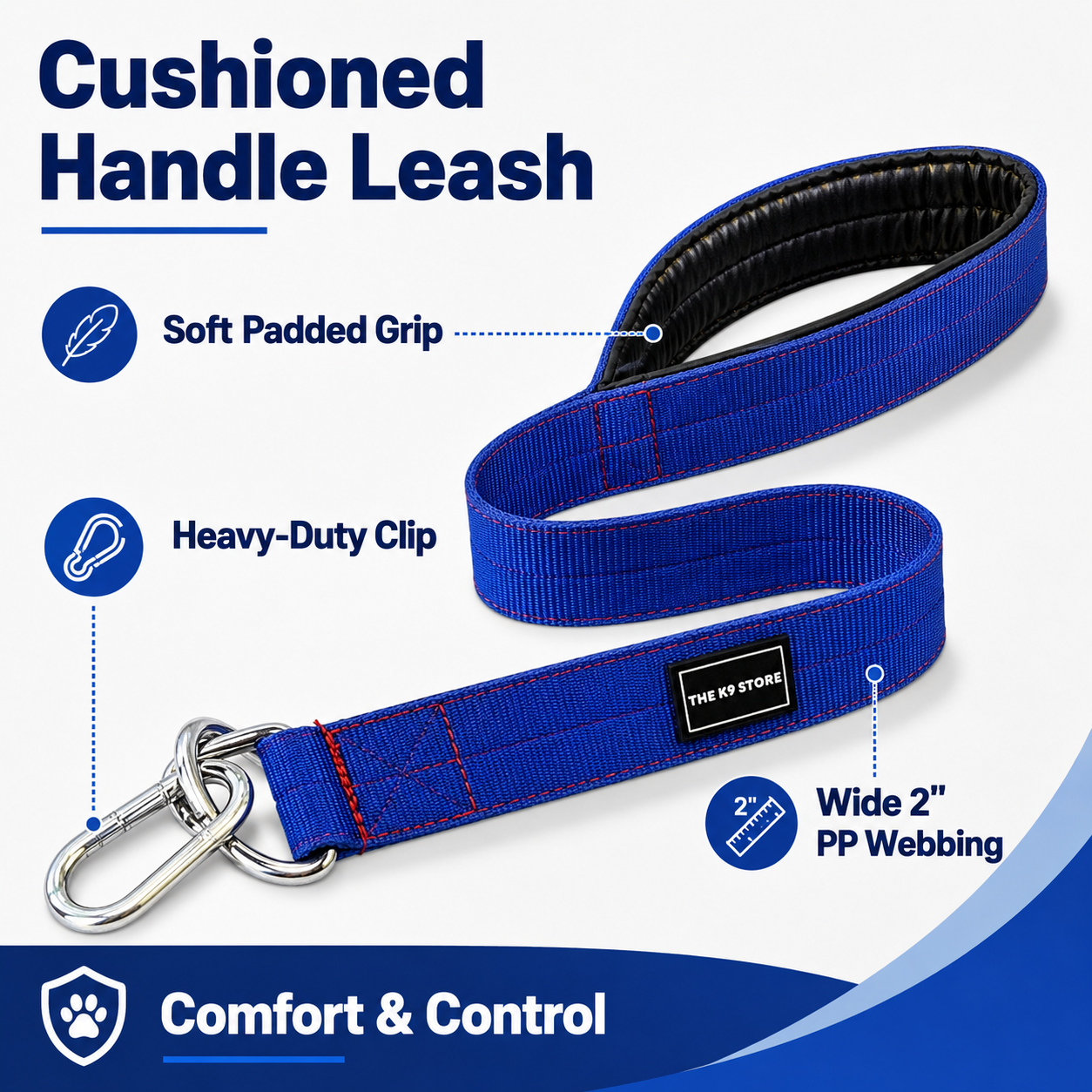 Heavy Duty Dog Collar & Leash Combo Set | 2 Inch Wide Padded | Double D-Ring | Fits 12-20 Inch Neck | Blue