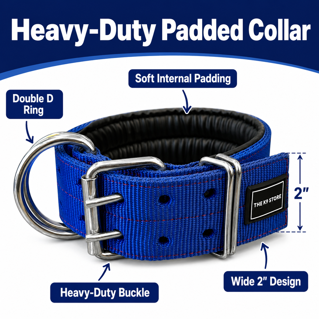 Heavy Duty Dog Collar & Leash Combo Set | 2 Inch Wide Padded | Double D-Ring | Fits 12-20 Inch Neck | Blue