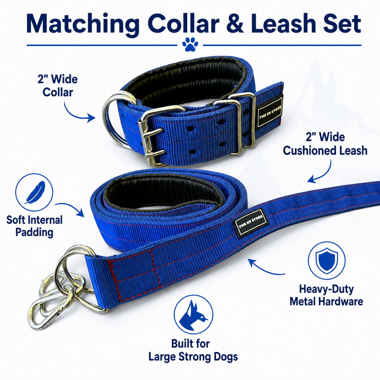 Heavy Duty Dog Collar & Leash Combo Set | 2 Inch Wide Padded | Double D-Ring | Fits 12-20 Inch Neck | Blue