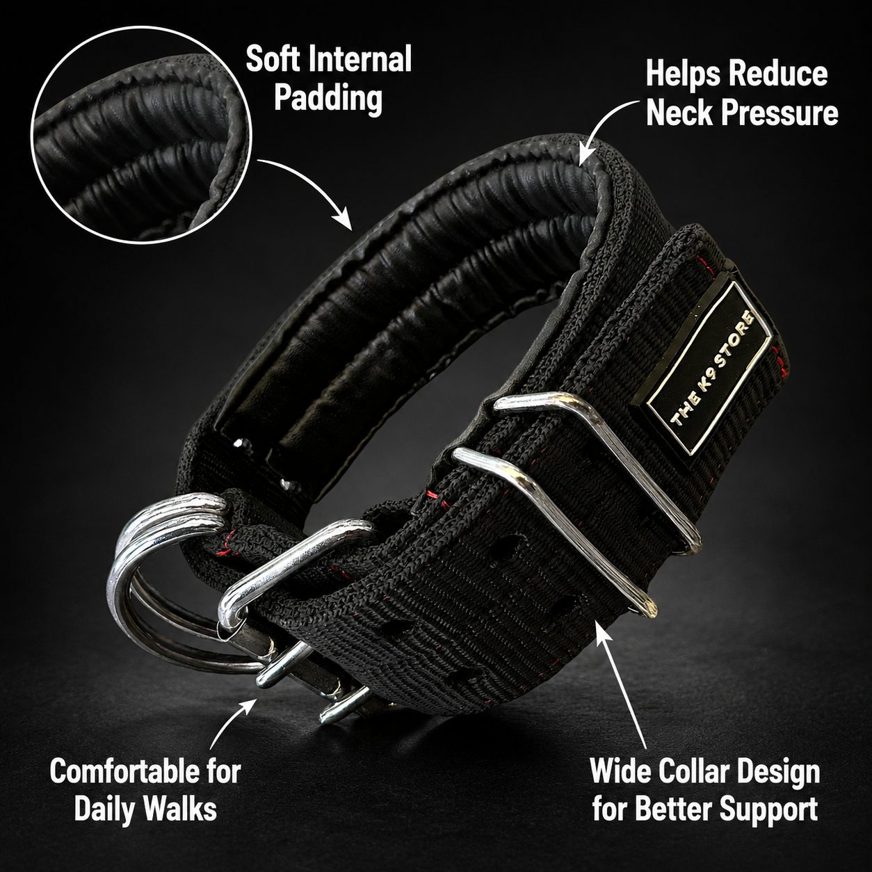 K9 Heavy Duty Wide Dog Collar with Padding | Double D-Ring | Adjustable 12" to 20" | For Medium to Large Dogs