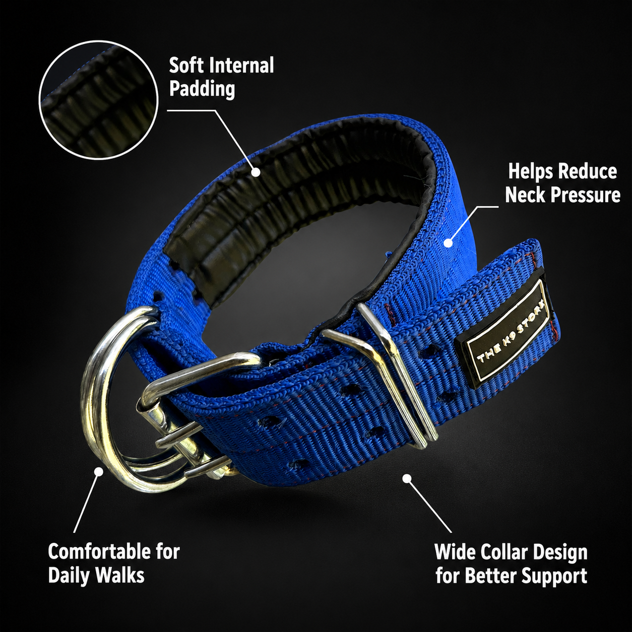 K9 Heavy Duty Wide Dog Collar with Padding | Double D-Ring | Adjustable 12" to 20" | For Medium to Large Dogs