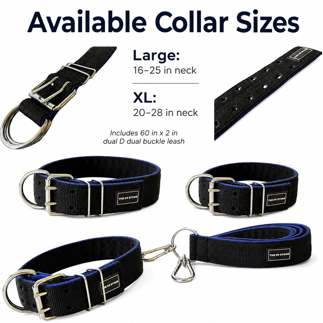 K9 Heavy Duty Nylon Dog Collar & Leash Combo | Dual D-Ring | Metal Buckle | Padded Handle | 60 Inch Leash | Black & Blue | Large & XL | The K9 Store